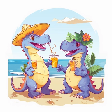 a foolish and cute dinosaurs having fun at the beach holding glass of lemoned , clipart style, white bg