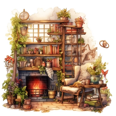 Create One clipart inspired by library: The clipart exudes a cozy ambiance, with a sense of warmth and tranquility. , discovering its secrets and.cozzy watercolor style. in 4K. so it can be used in fantasy books. beautifull coloring