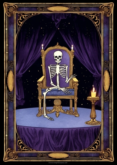 Realistic watercolor clip art of the tarot card Death, black background, purplish gold frame, ultra sharp