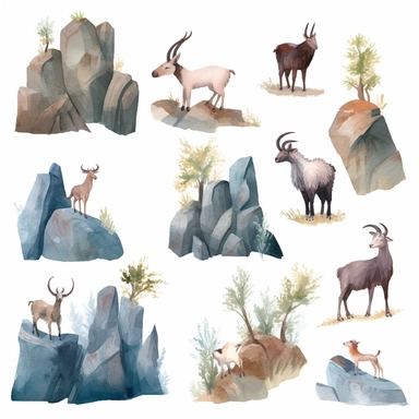Watercolor wild goats climbing rocks in mountain , illustrations clipart set, simple , cartoon elements, rocks, bushes , different variants , , separate elements with a margin