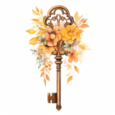 watercolor Vintage key surrounded by flowers, orange yellow and brown hues, autumn vibes, clipart on a white background