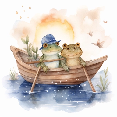cute Cottagecore frog and toad in a boat on a pond with celestial accents, Clipart, watercolor, white background with margins