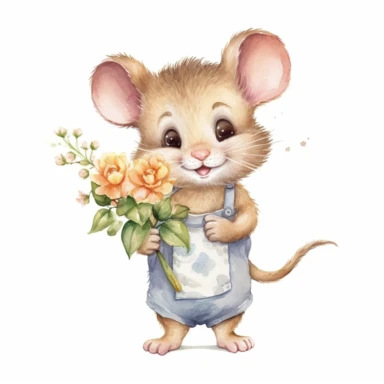 a standing baby mouse with cute big eyes, beatrix potter style, holding a flower, happy smiling face, cute animal, adorable, playful atitude, adorable watercolor animal clipart with a few plant and flowers decor, no background, high quality