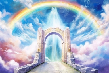 Painting of a long rainbow bridge stretching towards the gates of heaven. The doors to heaven are opening, revealing a colorful and vibrant sky filled with fluffy, rainbow color clouds and beautiful angels with white beautiful piegens, watercolor clipart, fairy tale theme, magical fantasy dreamy style, isolated on white background, hd, no text, no human,