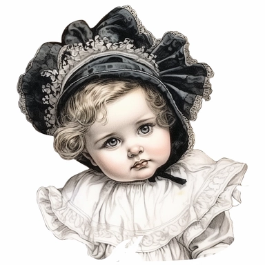 Victorian baby, Clipart, black outline, white background, colored pencil