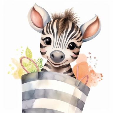 a super cute happy baby zebra in a shopping bag illustration watercolor style, minimalistic, clipart, children's book illustration, hd, 16k, 4k