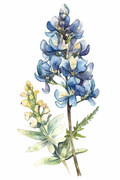 watercolor, Bluebonnet flower, clipart hd, on white background, dreamy, spaced out