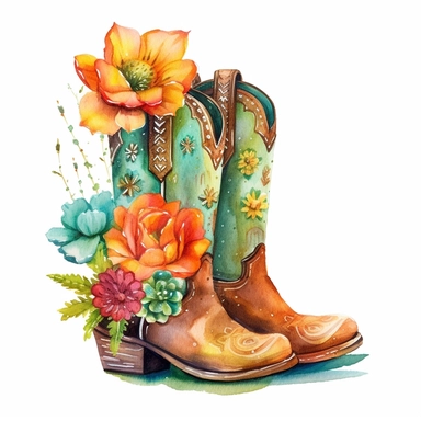 Craft a mesmerizing watercolor clipart illustration on a white isolated background vector, showcasing intricately designed leather cowboy boots embellished with an explosion of colorful floral patterns, surrounded by a diverse and captivating array of cactus and succulents. Take inspiration from the artistic style of Jean Haines, a talented watercolor artist recognized for her vibrant and spontaneous brushstrokes, to infuse the composition with a sense of movement and vitality, evoking the beaut