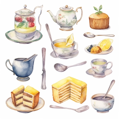 Watercolor vintage tea party items, illustrations clipart set, simple, soft colors, cartoon elements, different variants, teapot, sugar bowl, jug of milk, egg sandwich, stacked china plates, cake fork, tongs, china cup and saucer,napkin, knife,fork stacked teacups, lemon dish, , ,silver knife, ,silver fork, ,silver spoon,napkin, place hoplders, separate elements with a margin