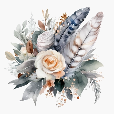 Watercolor dusty greay and white feathers bouquet clipart white background no text wedding style eligible for transparent background