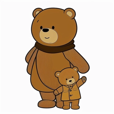 happy cute teddy bear with baby bear in arm, Clipart, southpark style, white background, no text , no caption, no watermark