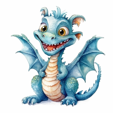 cute highly detailed watercolor cartoon image of a happy dragon clip art on a white background