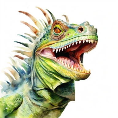 Happy Green iguana, watercolor, sharp illustration clipart, insane detail, white background