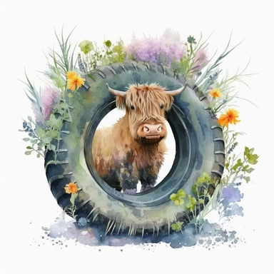 Detailed watercolor Baby highland cow tractor tyre with flowers, realistic, isolated on a white background, clipart sitting inside a tractor tyre with flowers