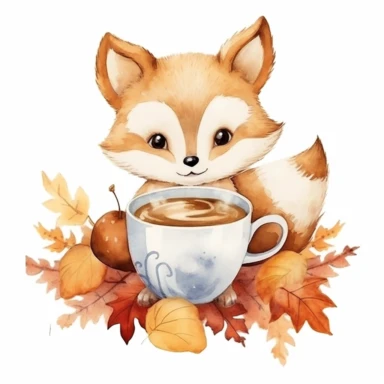 adorable watercolor fox holding a pumpkin spice latte, whimsical and dreamy cute, the image surrounded by elements of autumn, clipart on white background, cottagecore