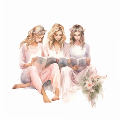 A delicate watercolor painting of chic powder pink, white, and gold three combo girl in floral pajamas sitting cross - legged and reading a book, arranged in an elegant composition, featuring soft and blended watercolor washes to create a harmonious and feminine aesthetic, clipart, clean png