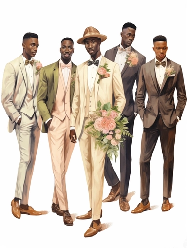 full body watercolor African groom with groomsmen clipart, hd