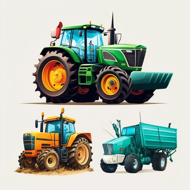vibrant agricultural vehicles, each front profile view, detailed vector illustration, clipart, svg, white background