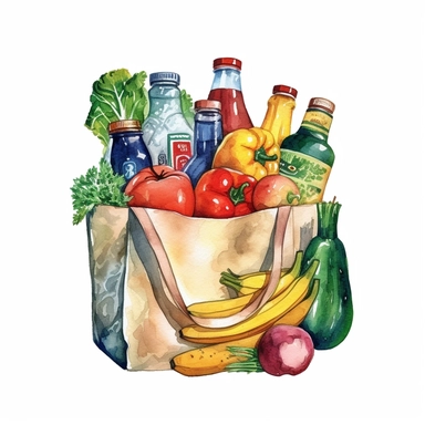 watercolor detailed illustration of Grocery bag with a variety of groceries peeking out, clipart, white background