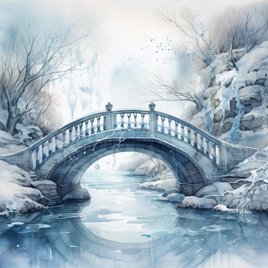 high level watercolor, hyper realistic, white background with margins, 8k, ultra detailed clipart, large, futuristic, A snow-covered bridge, arching gracefully over a frozen river, with icicles hanging like elegant decorations, fairy, cool, pastel blue