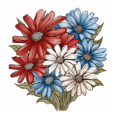 American Flag red white and blue daisies clipart with thin black outline on plain white background