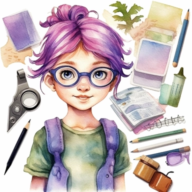 watercolour clipart of a girl , with pink or purple hair, green eyes, with glasses, the sweet and scatterbrained dreamer, with a great sense of humor. She immerses herself in the world of digital design, creating exquisite papers for scrapbook albums. Though she may often forget things, her delicate touch and gentle nature shine through her artistry, make her smile and exalted mood, white background, high quality, 8k, f1
