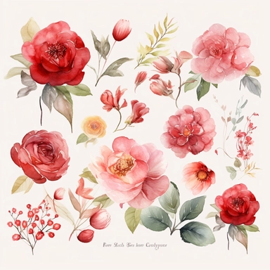 Create a breathtaking collection of ultra-detailed watercolor floral clipart, showcasing the beauty of red and blush flowers in a romantic and elegant style. The clipart should capture the delicate nature of watercolor techniques, highlighting the vibrant hues and soft transitions of each flower. Incorporate a variety of floral elements, with a focus on roses, as they symbolize love and passion. The clipart should be perfect for wedding-themed designs, including wedding invitations, stationery, 