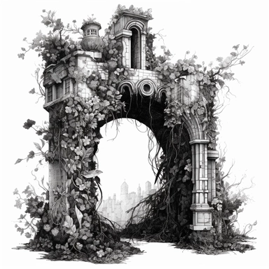 An intricate ink drawing of a A decaying and overgrown flower arch, once a symbol of love, now filled with melancholic energy, ominous looking, black and white, white background, clipart