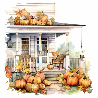 Cozy autumn early evening porch, pumpkins, cute watercolor clipart , style by Lucy Fleming, watercolor, smooth gradients, black contour outline, ultra detailed, clipart elements, delicate pastel colors, solid white background, super clear, high quality