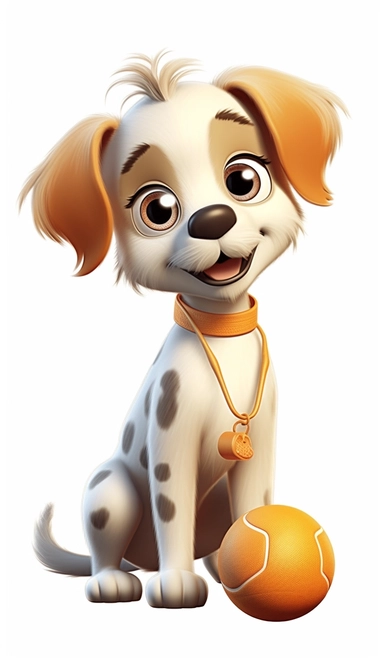 cute baby dog playing ball, Cute Beautiful 3d, Is Standing Full body Vector Sublimation Clipart, Cartoon, dominant white, grey, orange, hyper realistic, intricate detail, illustration style, high solution, on the white background
