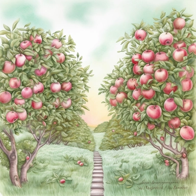 Watercolored pencil style illustration, boho style apple orchard scenery, pink green white silver, isolated on a white background, PNG file clipart style, Dennis Wojtkiewicz, Amanda Clark, Lowell Herrero,