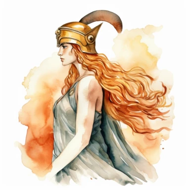 A delightful watercolor clipart illustration featuring Athena, the wise and powerful Greek goddess of wisdom and warfare. This clipart artwork portrays Athena with grace and intellect, capturing her iconic attributes. She is depicted with flowing hair, adorned with a majestic helmet or a laurel wreath, symbolizing her wisdom and victory. Athena holds a spear or shield, representing her strategic prowess in battle. The watercolor medium adds a soft and dreamy quality to the illustration, with gen