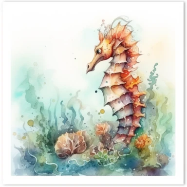 Clipart on a white background cute sea horse swimming underwater landscape, a watercolor drawing, detailed drawing, scrapbooking page, soft faded colors, watercolor painting, hyperrealistic, well rendered, old faded light colors, very vibrant, cinematic, intricate, by Thomas Kinkade