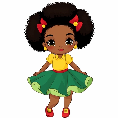 a cute Little Black Girl with green, yellow and red clothes, mid skirt, 2 afro puffs, flat vector clipart