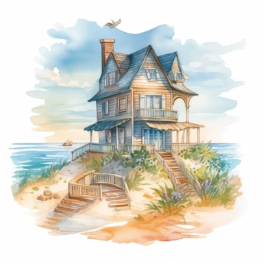 illustration of a beach house with the ocean view on a sunny day, by Beatrix Potter, Sublimation graphics, watercolor clipart, pastel colors, single design, 8k, print on demand image, PNG transparent background