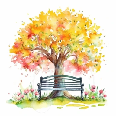 clipart, isolated on white background, Watercolor Spring beautiful ornated metal bench under the tree, flowers and grass and plants, ornated, vivid and vibrant and saturated colors