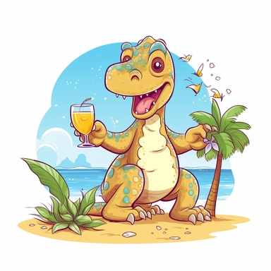 a foolish and cute dinosaur having fun at the beach holding glass of lemoned , clipart style, white bg