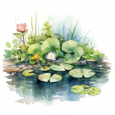 watercolor pond with lily pads and flowers clipart, white background