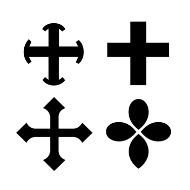 sheet of 4 black vector icons of different designs christian crosses, on a white background, hd vector, clipart, cartoon style, minimalistic simple , 4k