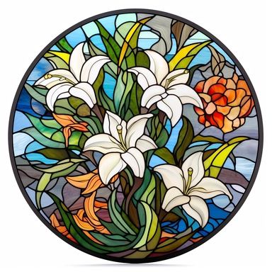 clipart realistic round stained glass window with floral lillies theme, crisp lines, white background