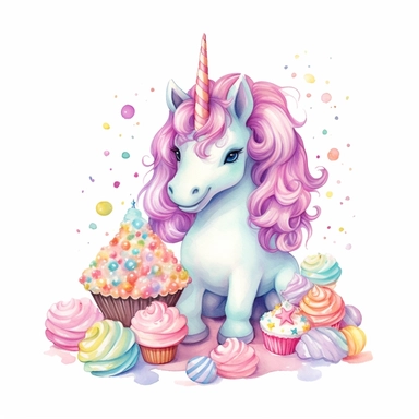 A professional digital art illustration hand painted style of cute baby unicorn clipart, long, pastel color mane and tail, magic candy color magic uinorn watercolor graphics, party candy supplies collection on white background