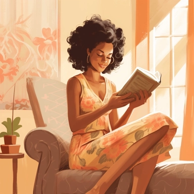 cute illustration of a black women sitting at her room reading a book, fashion illustration, fashion clipart, African American Art, Her face radiates joy and personal bliss, illustrating the positive impact of her books, light beige background,