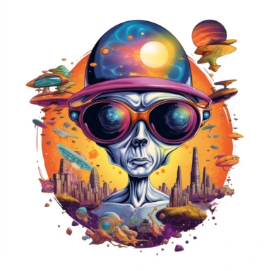 Artwork for t shirt graphic of majestic vibrant color magnificent funny Alien with planets and solarsystem in the Back, starting Rocket from the ground, in a pencil drawing style, A vibrant featuring a sun setting over a futuristic City, with a soft pink sky and a hint of orange in the horizon white background, colorful shades, Centered, highly detailed clean, vector image, photorealistic masterpiece, professional photography, realistic, flat white background, isometric, vibrant vector, clipart,