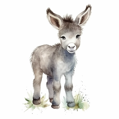 a childish baby donkey with kind eyes clipart with watercolor illustration,full body shot,8k,etsy style, white background