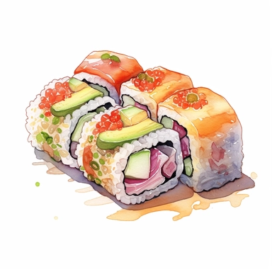 watercolor, hyper realistic, white background, white margins, 16k, ultra detailed clipart, cut out image, hand-drawn a specialty sushi roll known as the rainbow roll, displaying an assortment of fresh fish, including tuna, salmon, and yellowtail, layered atop a California roll and decorated with vibrant slices of avocado and tobiko (fish roe). in the style of anime art, frostpunk, photo-realistic drawings, villagecore, lively and energetic, high quality, anime