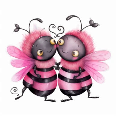 two pink male and female with black highlights cute and cuddly bumble bees who are in love beautiful gothic fantasy clipart, fantastical 3d, watercolor, white background