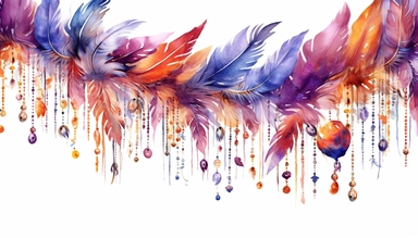 watercolor background with copyspace, Tassel Garlands Clipart - fantasy tribal beaded feather watercolor at corner, isolated white background
