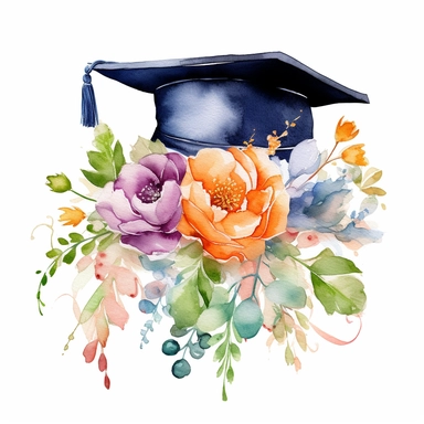graduation scroll with spring florals, watercolor, white background clipart