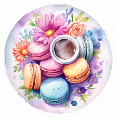 watercolor art realistic macarons in french motives plate, top view, flatlay, clipart, beautiful setting