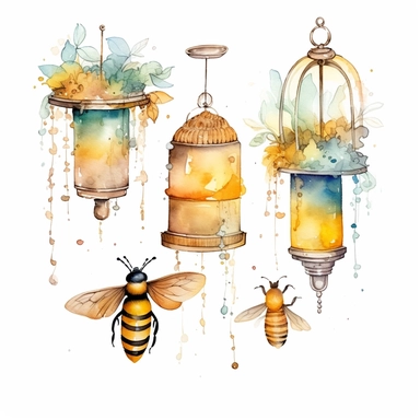 whimsical watercolour clip art, clear glass windchime bee, beehive theme
